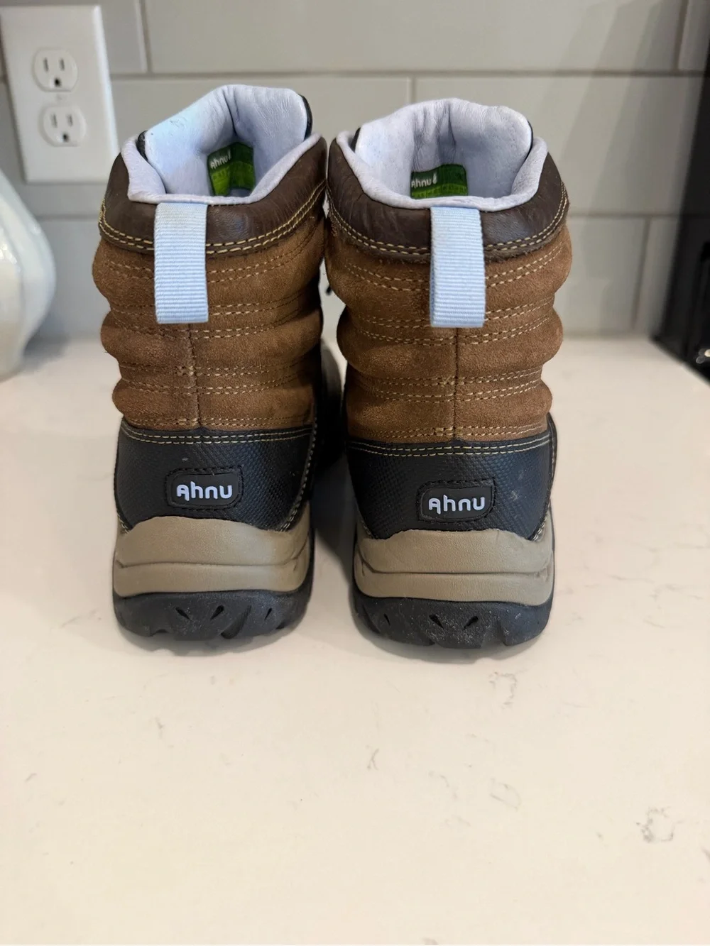 Ahnu Brown and Tan Leather Waterproof Hiking Boots